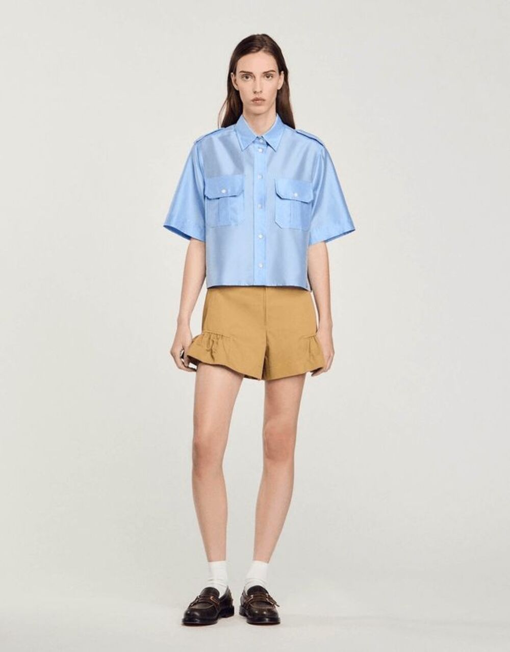 Sandro Blue Bandana Club Short Sleeve Button Down Shirt Women's Size 3 Large